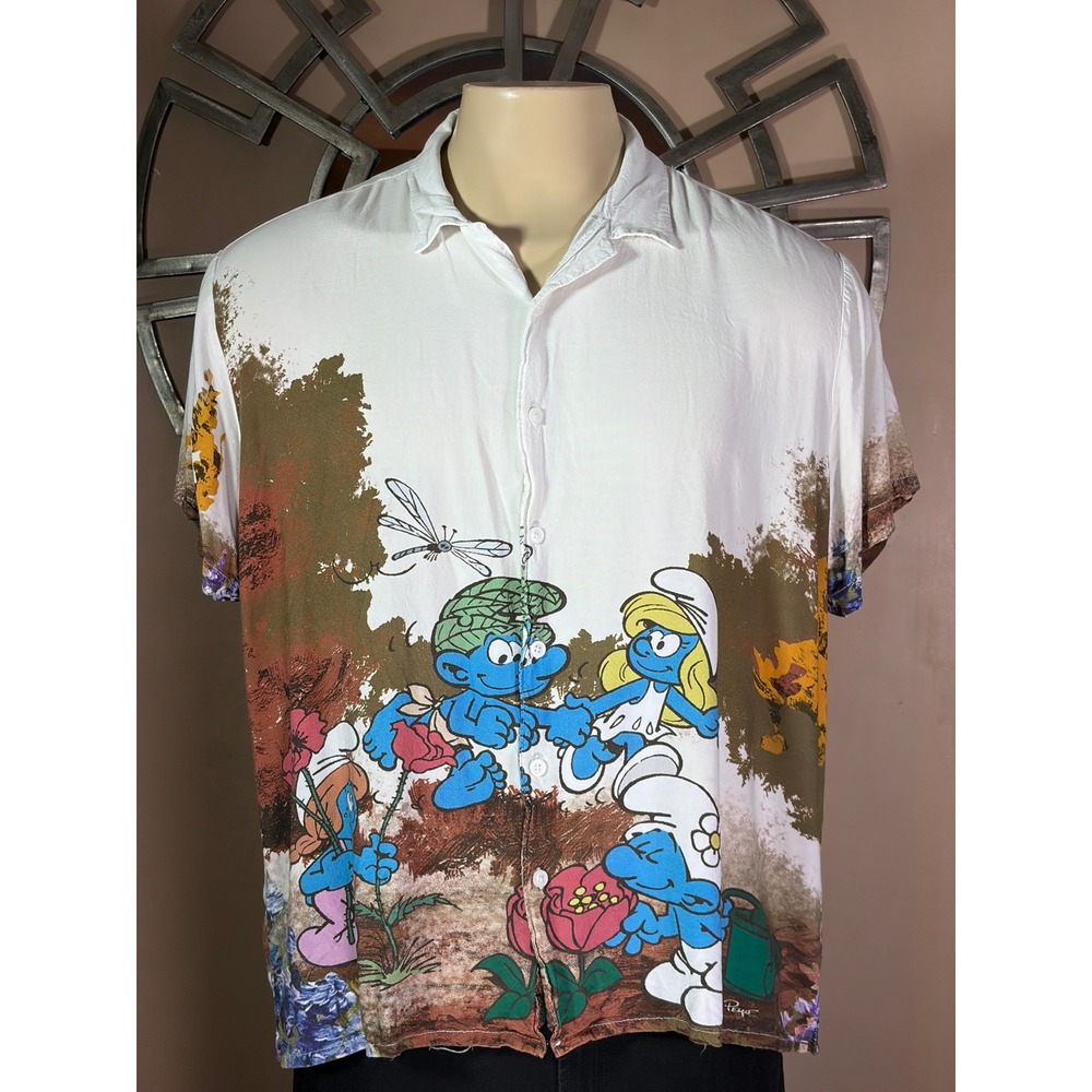 Smurfs 65th Anniversary Aloha Button Down Shirt XL White Rayon Graphic Print Men